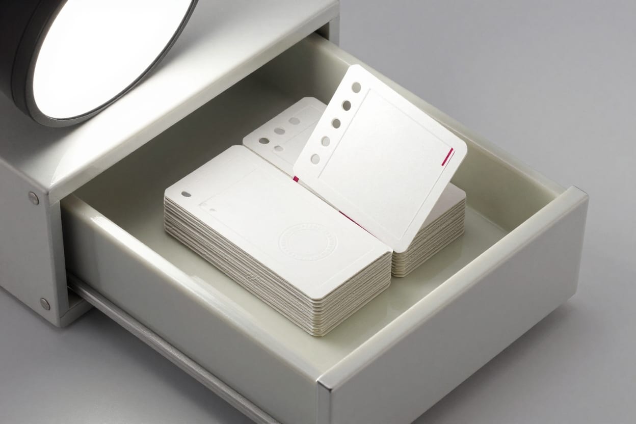 Aluminium drawer holding a fanned stack of perforated ticket cards